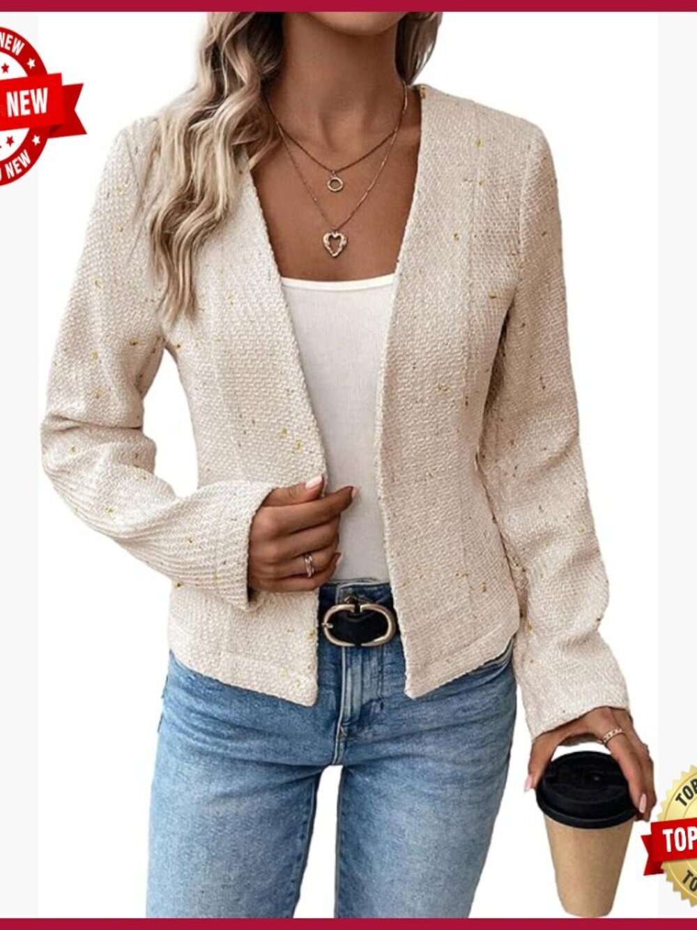 Fitted Collarless Tweed Blazer Jacket - Fully Lined Business Casual Coat